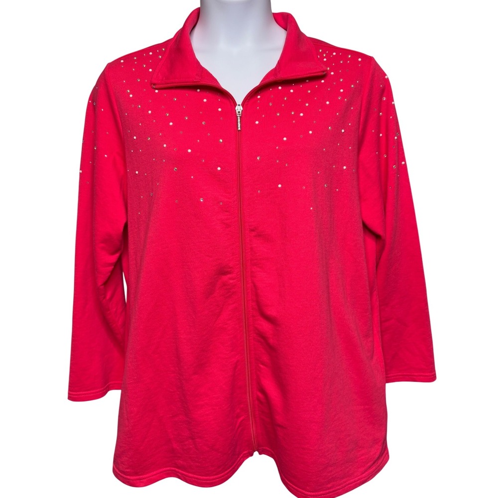 QUACKER‎ FACTORY Pink Rhinestone Pearl Sparkle Zip Up Jacket Sz 1X Casual-Chic